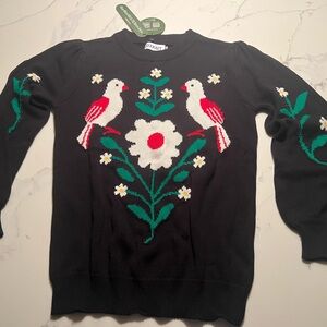 Dynknit Black Sweater with Bird and Floral Motif
